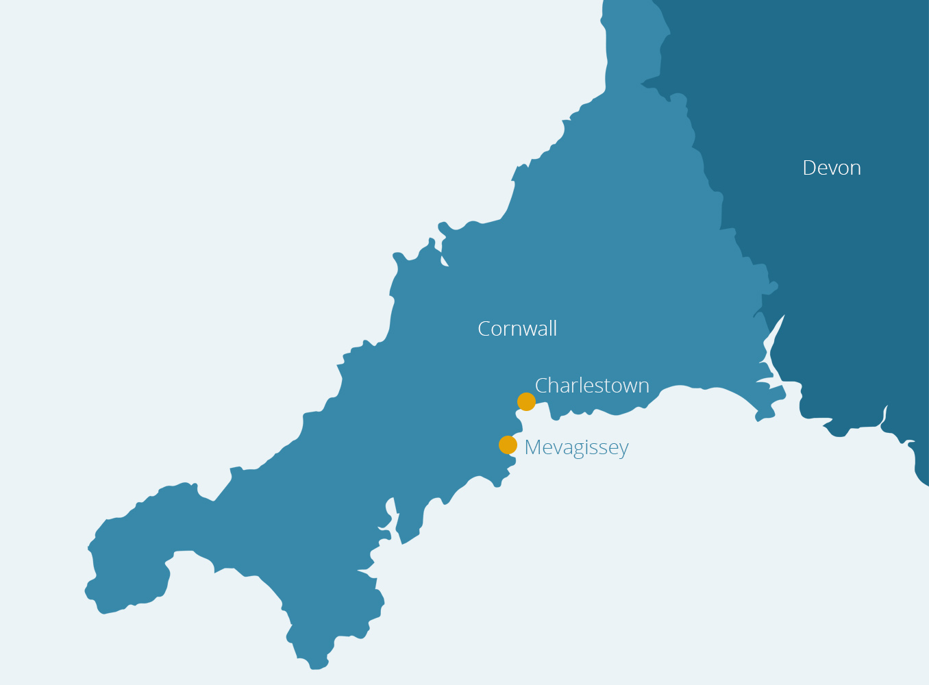 Map of Cornwall with Mevagissey and Charlestown marked.